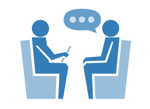 Graphic of two individuals seated in a booth facing each other, with a speech bubble above one person