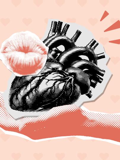 Mixed media image with a hand stretched outward holding a black-and-white illustration of heart, with lips overlaid
