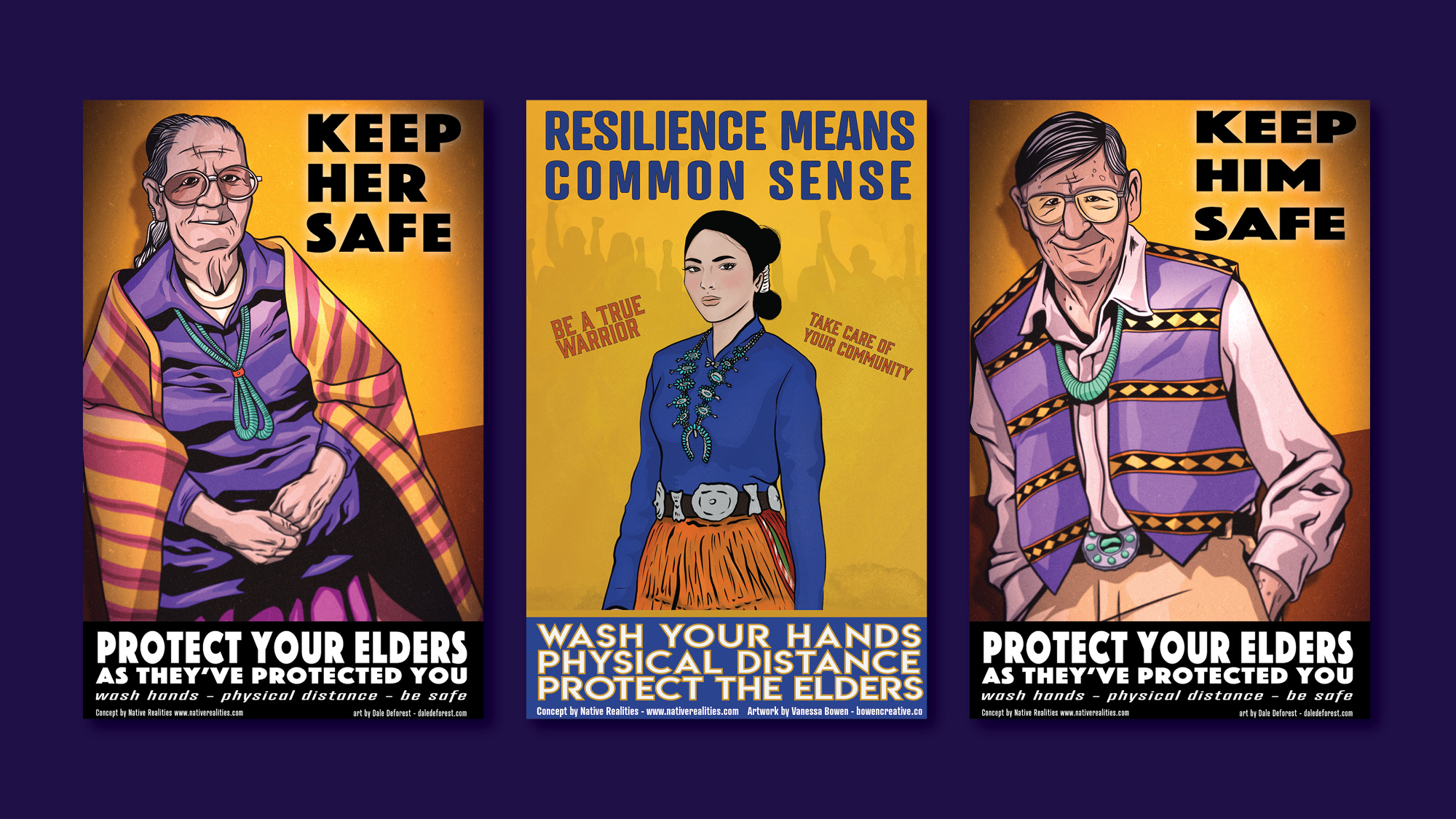Three graphic posters that show culturally appropriate Indigenous-messaging related to COVID-19 safety precautions
