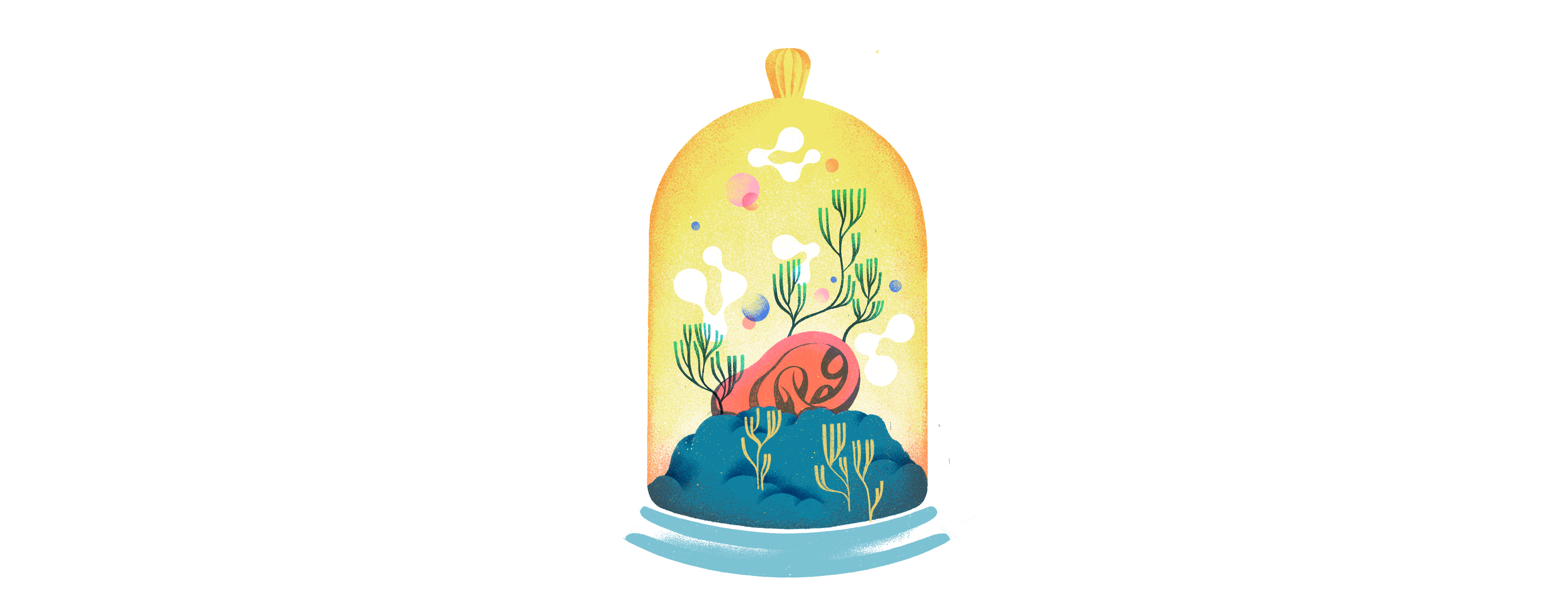 A drawing of an ecosystem growing in a bell jar.