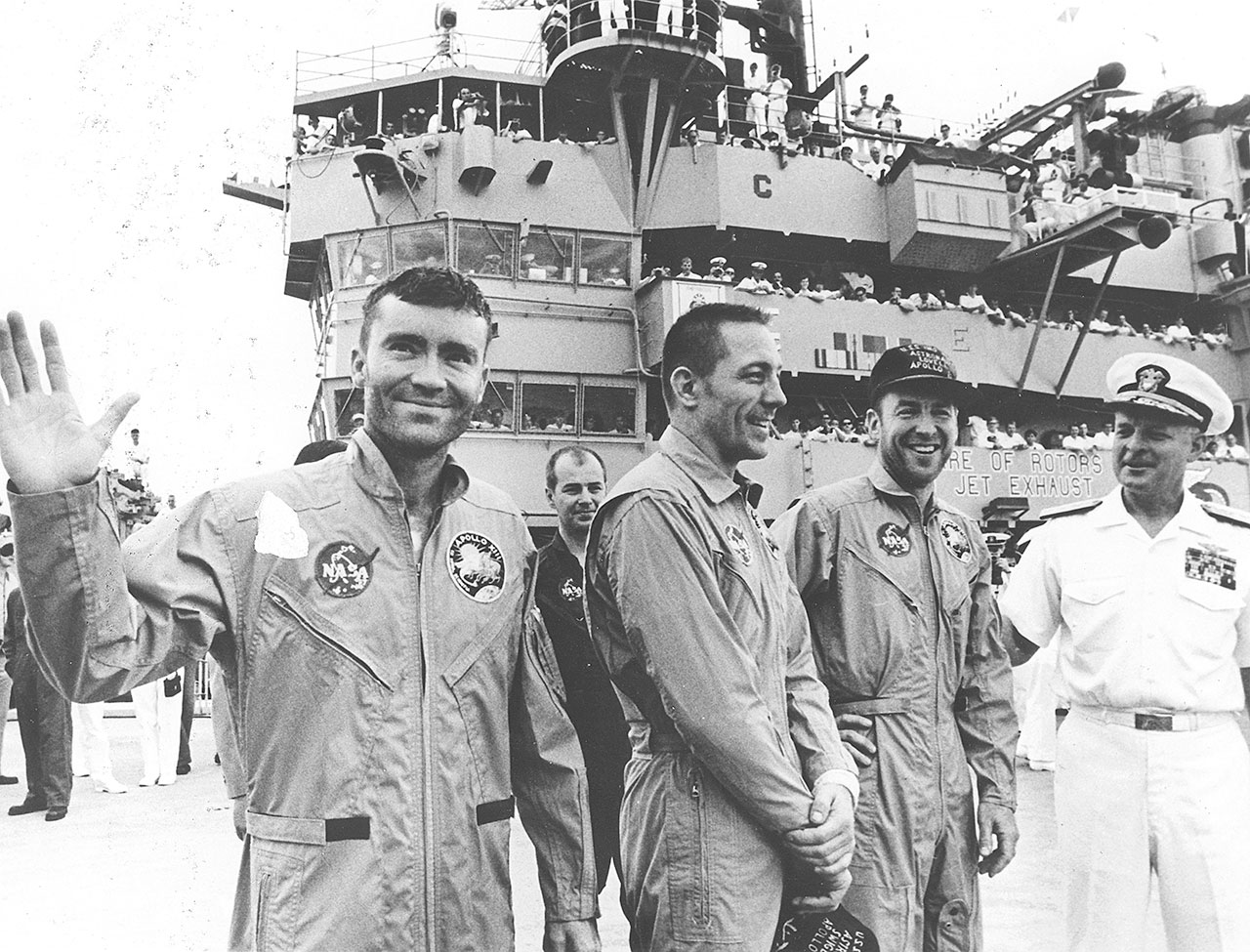 Apollo 13 astronauts Fred Haise, John Swigert, and James Lovell aboard the recovery ship USS Iwo Jima after safely touching down in the Pacific Ocean at the end of their ill-fated mission. The mission was aborted after 56 hours of flight, 205,000 miles from Earth, when an oxygen tank in the service module exploded. Image credit: NASA