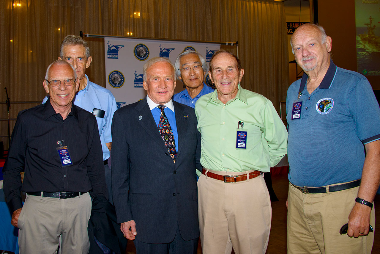 In November 2011, at the US Capitol, the Congressional Gold Medal was presented to the Apollo 11 astronauts. At a private reception afterwards, Neil Armstrong (centre) shooed away the reporters so he could meet with his recovery team members. Carpentier is on the right. Next to him is his friend Bob Fish, trustee of the USS Hornet Museum and author of Hornet Plus Three, who kindly provided images and information for this feature. Photo: Milt Putnam