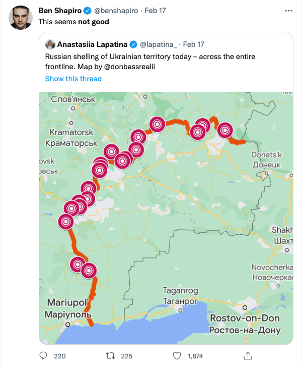 Ben Shapiro retweet: map of Russian shelling of Ukrainian frontline