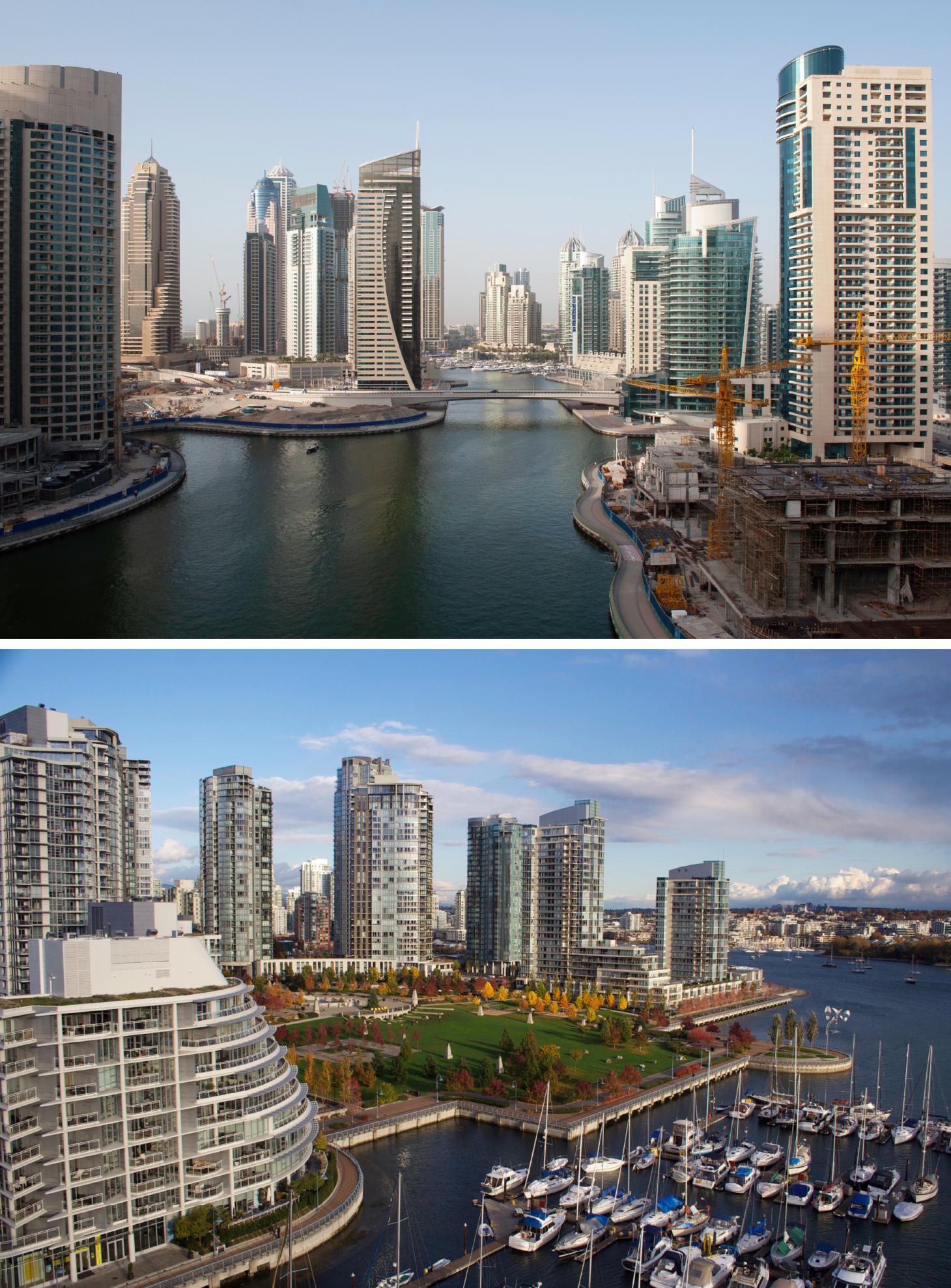 An aerial view of the Dubai Marina side by side with an aerial view of Vancouver’s Yaletown waterfront