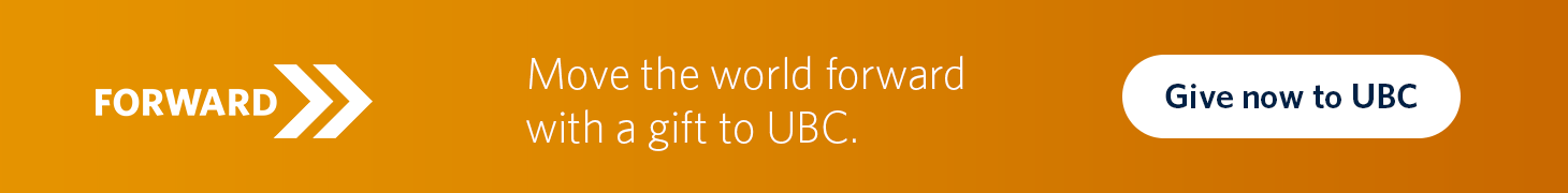 Orange banner promoting FORWARD, the campaign for UBC, with a "Give now to UBC" button