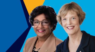 Headshot of Dr. Martha Piper and Dr. Indira Samarasekera against a blue and yellow background.