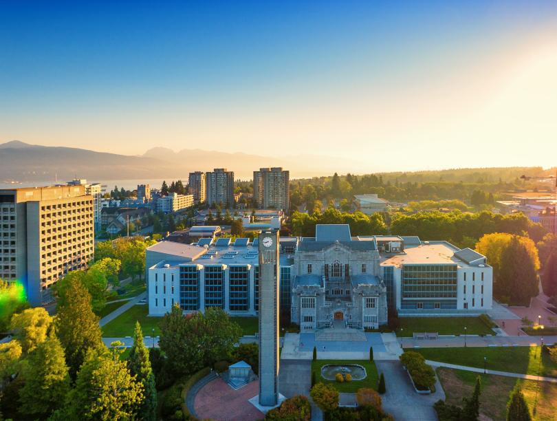 Aerial shot of the UBC Vancouver Campus, showing the Clock Tower, Buchanan Tower, and Irving K Barber Learning Centre