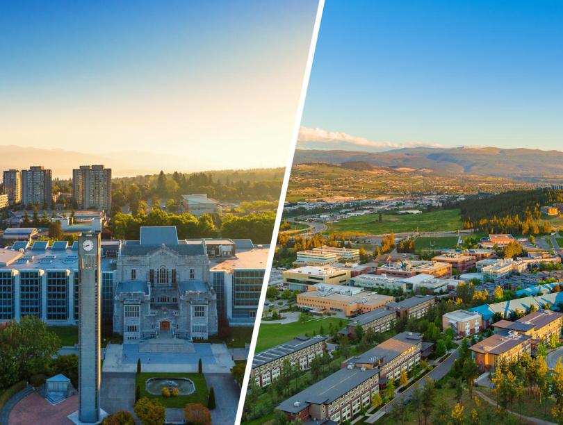 Composite photo showing the UBC Vancouver campus on the left and the UBC Okanagan campus on the right