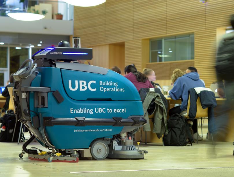 An artificially intelligent floor-cleaning robot at work on UBC’s Vancouver campus. 
