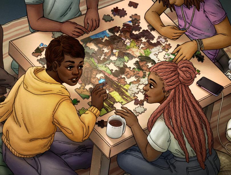 Illustration of a group of Black youth seated at a table and working on a puzzle together