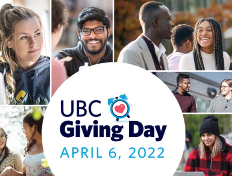 Montage of student headshots with the copy "UBC Giving Day, April 6, 2022" in the centre