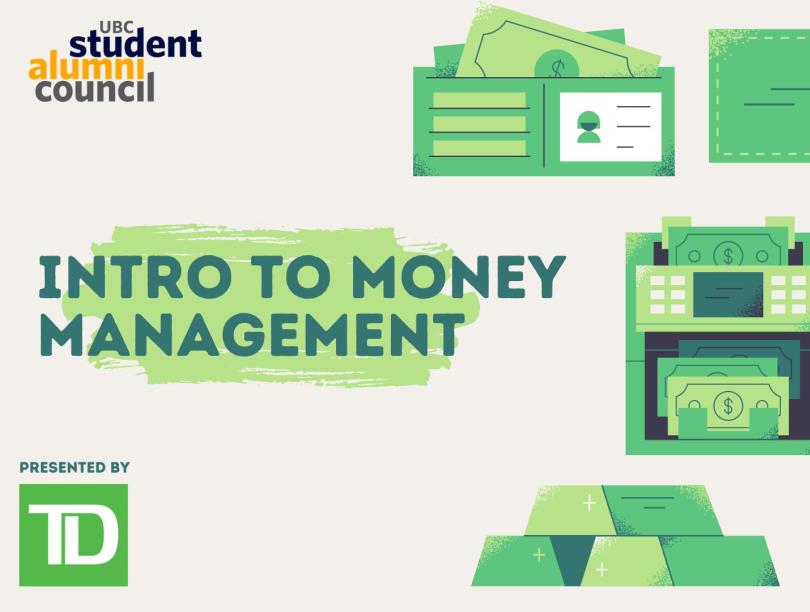 Green finance-related graphics, such as a wallet and a cheque book, surround the words: Intro to Money Management.