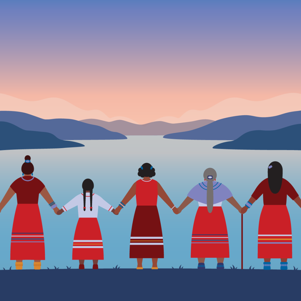 Illustration of five Indigenous women holding hands and looking towards the ocean, with mountains in the backdrop