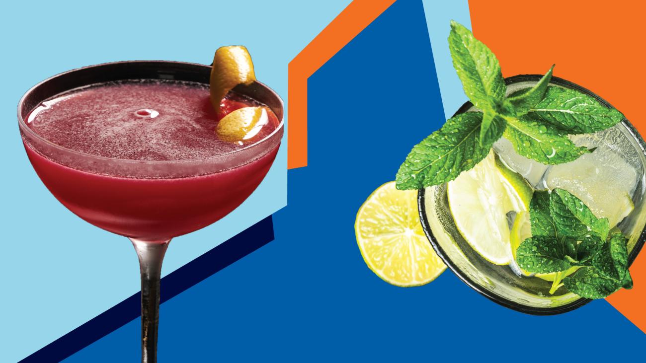 Photo of a cocktail and garnish against a blue and orange background.