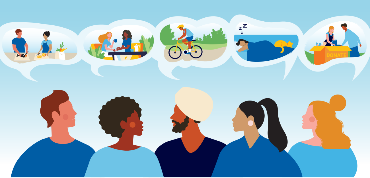 Illustration of 5 diverse students, who each have a thought bubble over their heads, showing a unique wellness activity.