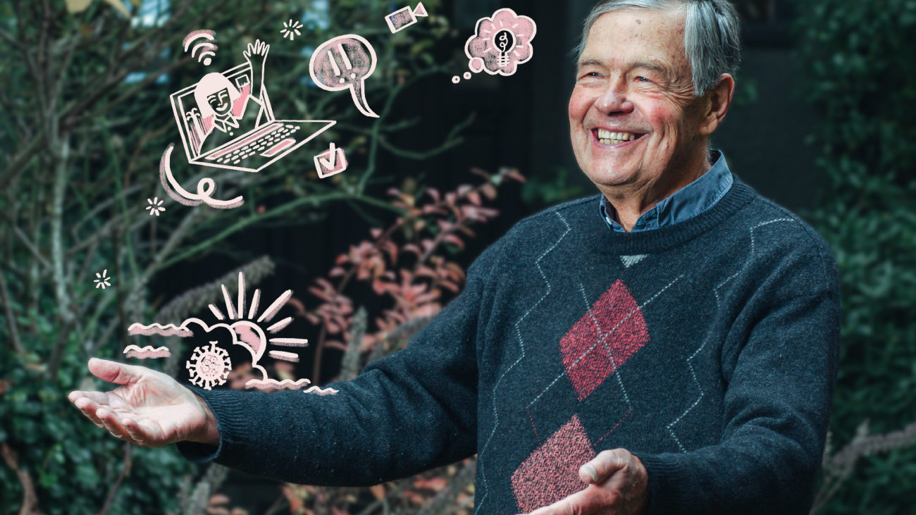 John Helliwell smiling, with his arms outstretched, with sketches of flowers over the image.
