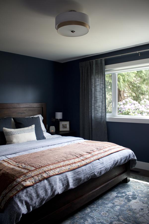 Bedroom with dark blue walls