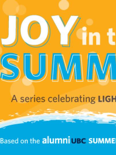 Illustrated graphic showing "Joy in the Summer" over a yellow background with a blue wave at the bottom and a sun in the top right