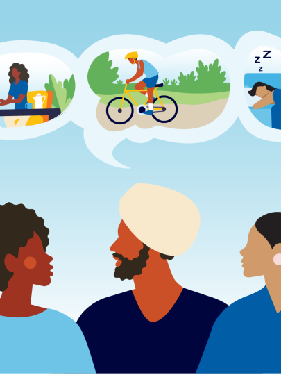 Illustration of 5 diverse students, who each have a thought bubble over their heads, showing a unique wellness activity.