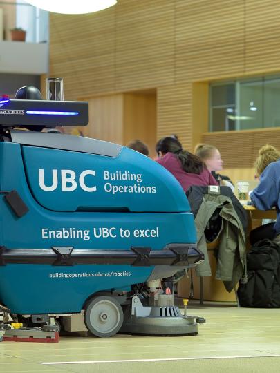 An artificially intelligent floor-cleaning robot at work on UBC’s Vancouver campus. 